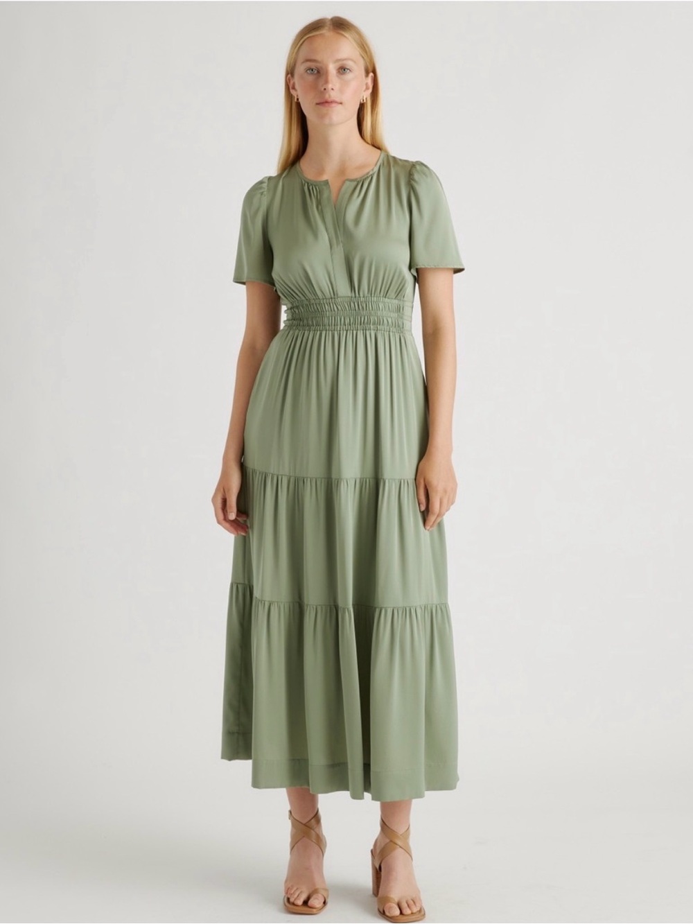 Quince Sage Green Tiered Smocked-Waist Maxi Dress